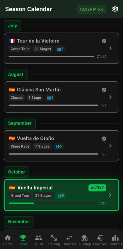 Season calendar with upcoming races